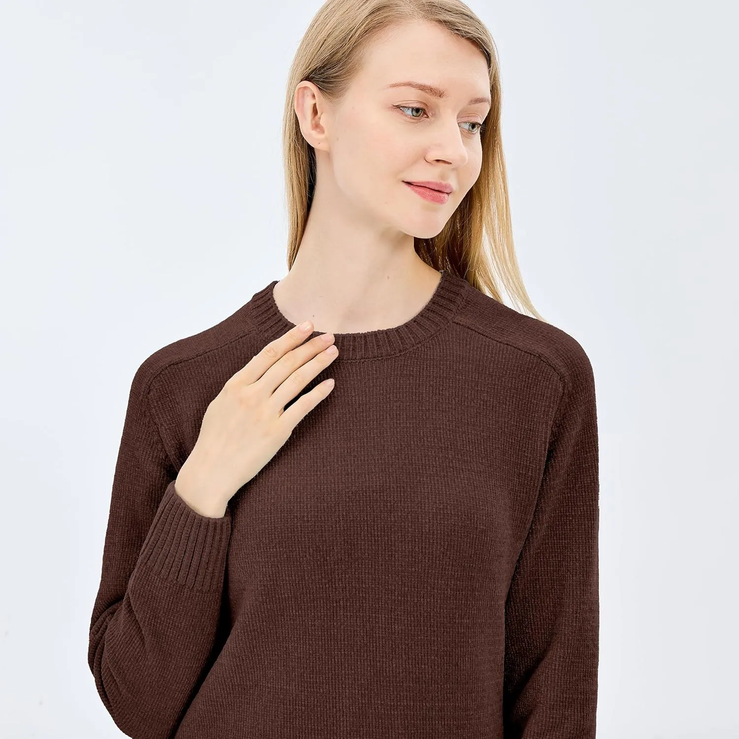 Simple&Opulence Women's Chenille Sweater Crewneck Long Sleeve Pullover Ribbed Cuff Hem Round Neck Jumper Tops