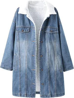 Snoly Women's Lapel Warm Sherpa Lined Long Denim Jean Jacket Outerwear