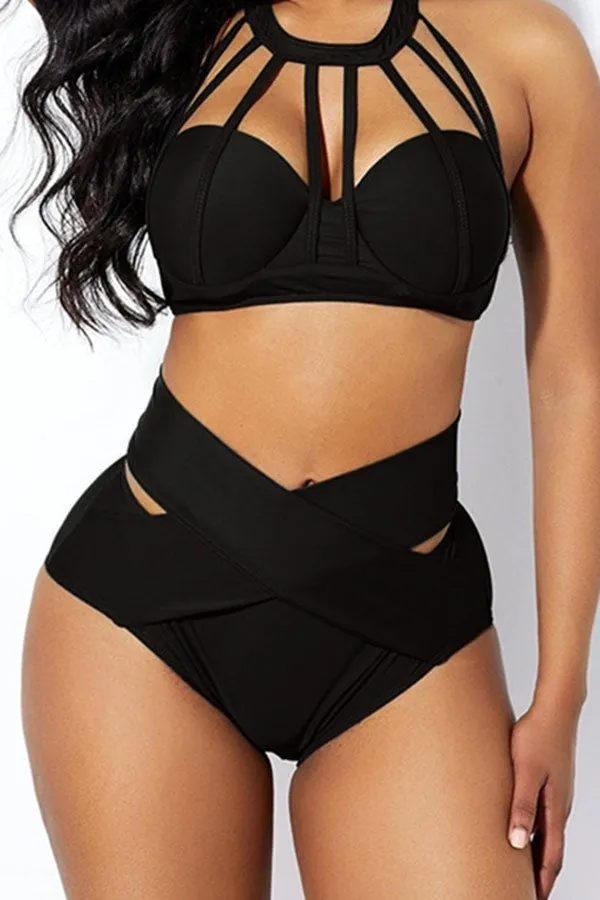Solid Color Stylish Cross Over Bikini