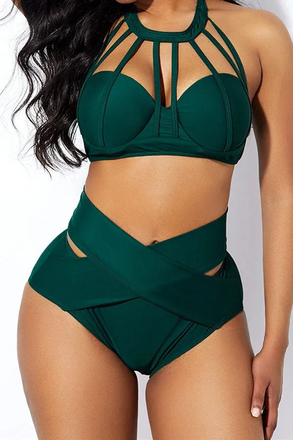 Solid Color Stylish Cross Over Bikini