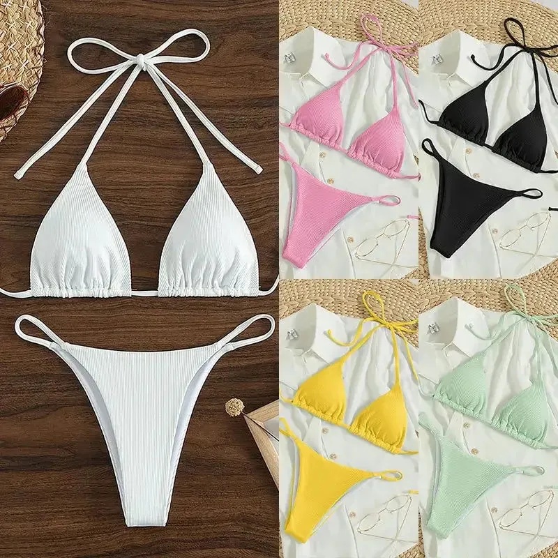 Solid Pit Stripe Fabric Halter High-Waisted Lace-Up Bikinis Set