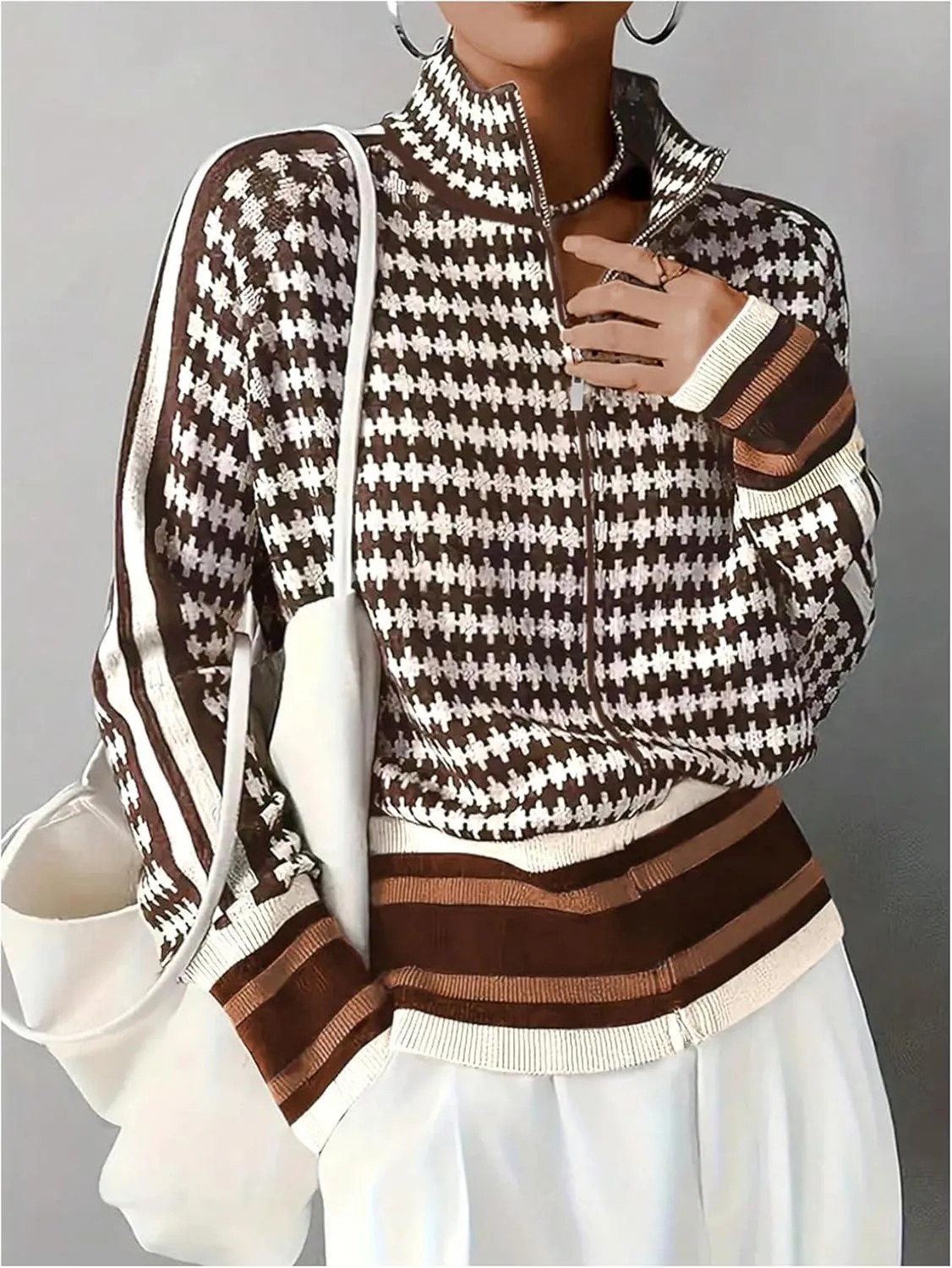 SOLY HUX Cardigan Sweaters for Women Houndstooth Mock Neck Zip Up Long Sleeve Knit Cardigans