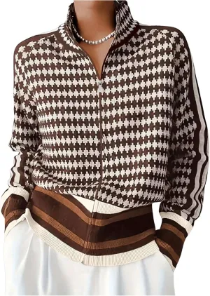 SOLY HUX Cardigan Sweaters for Women Houndstooth Mock Neck Zip Up Long Sleeve Knit Cardigans