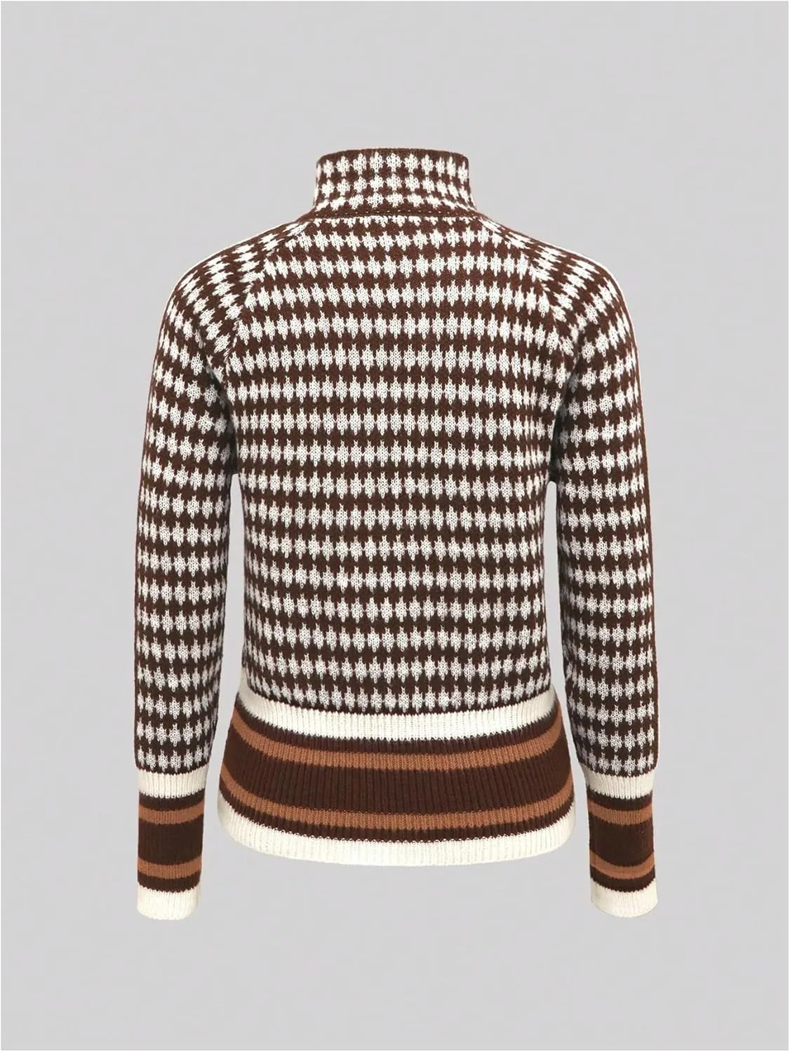 SOLY HUX Cardigan Sweaters for Women Houndstooth Mock Neck Zip Up Long Sleeve Knit Cardigans