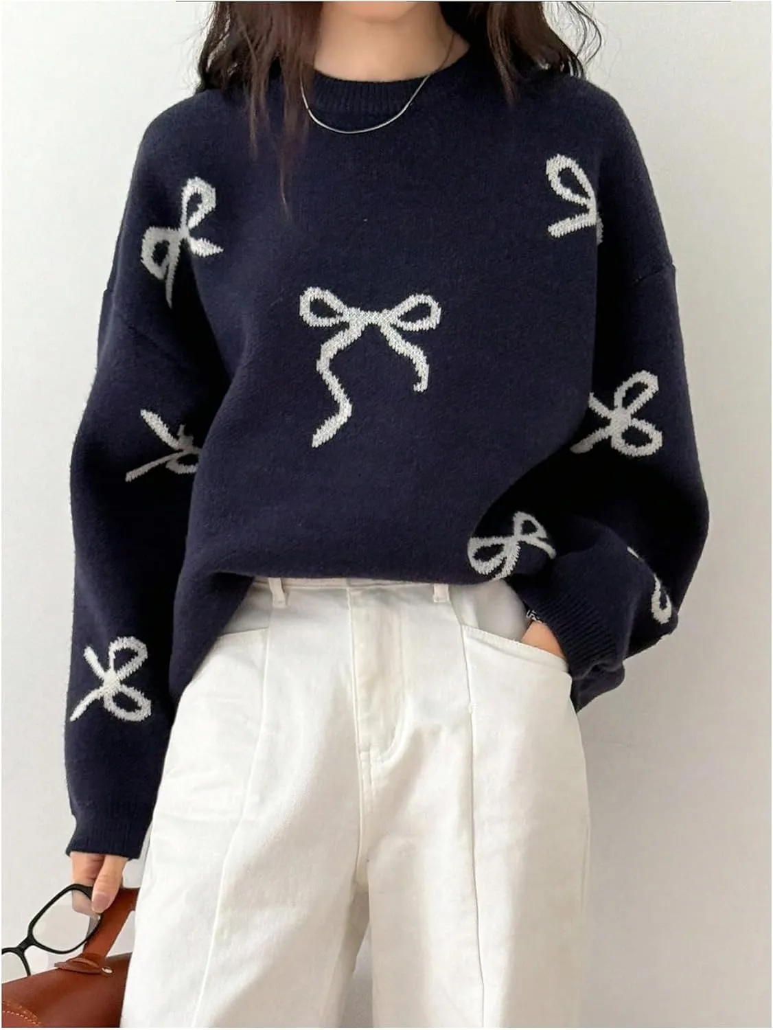 SOLY HUX Oversized Sweaters for Women Y2k Bow Print Crew Neck Drop Shoulder Long Sleeve Knit Pullover Tops