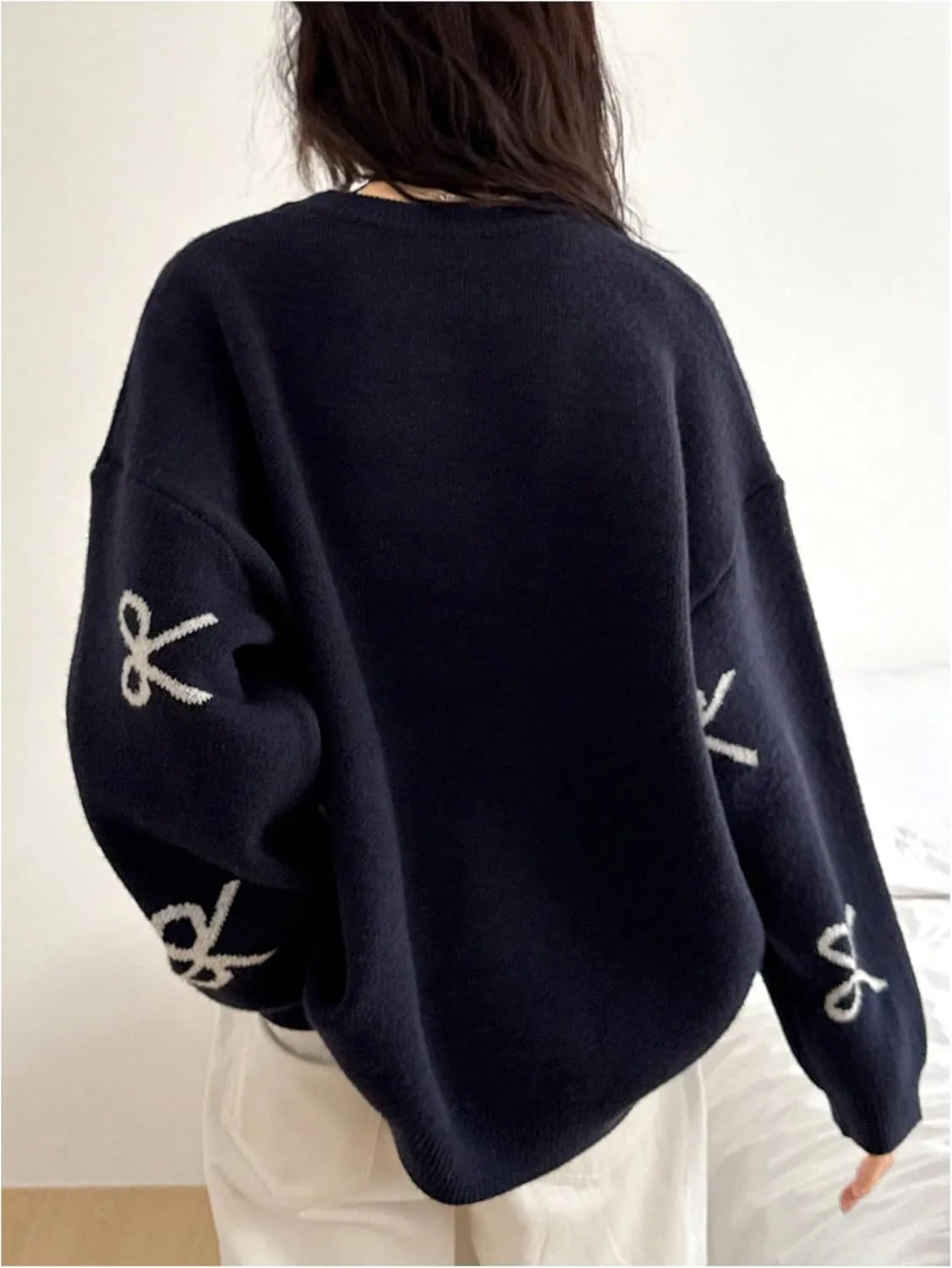 SOLY HUX Oversized Sweaters for Women Y2k Bow Print Crew Neck Drop Shoulder Long Sleeve Knit Pullover Tops
