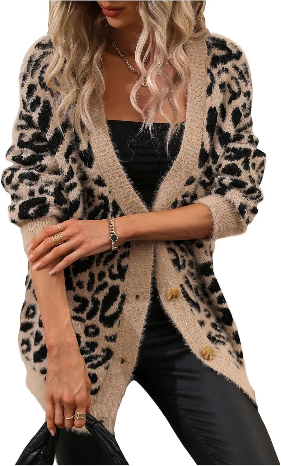 SOLY HUX Women's Leopard Print Cardigan Sweaters Button Down V Neck Long Sleeve Fuzzy Cardigans
