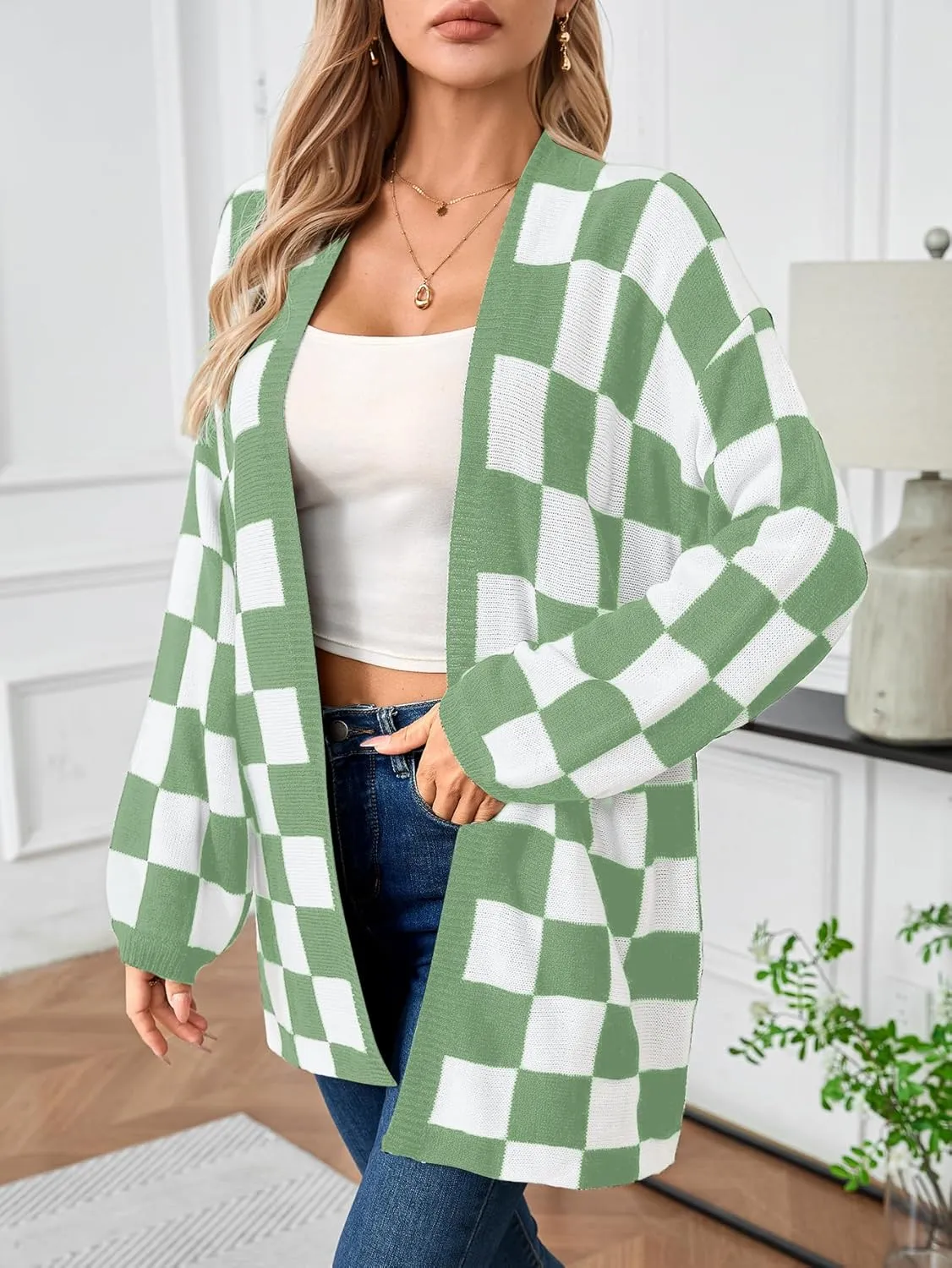SOLY HUX Women's Long Sleeve Oversized Sweater Checkered Cardigan Open Front Outerwear Tops