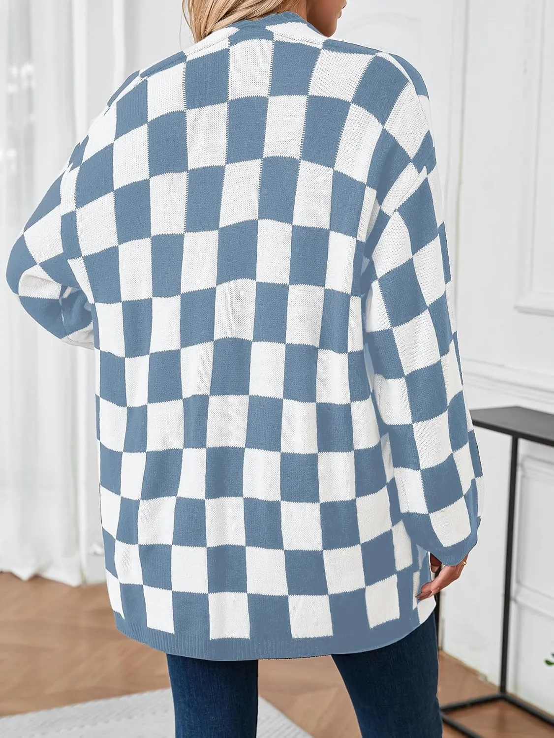 SOLY HUX Women's Long Sleeve Oversized Sweater Checkered Cardigan Open Front Outerwear Tops