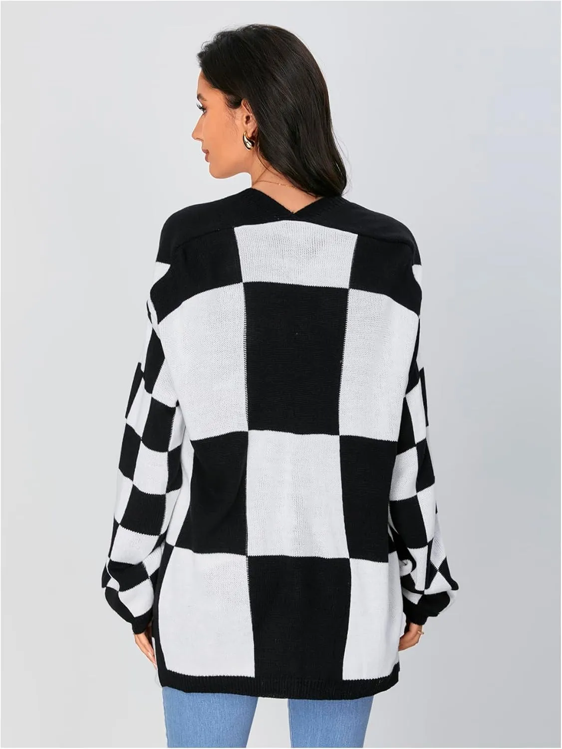 SOLY HUX Women's Long Sleeve Oversized Sweater Checkered Cardigan Open Front Outerwear Tops