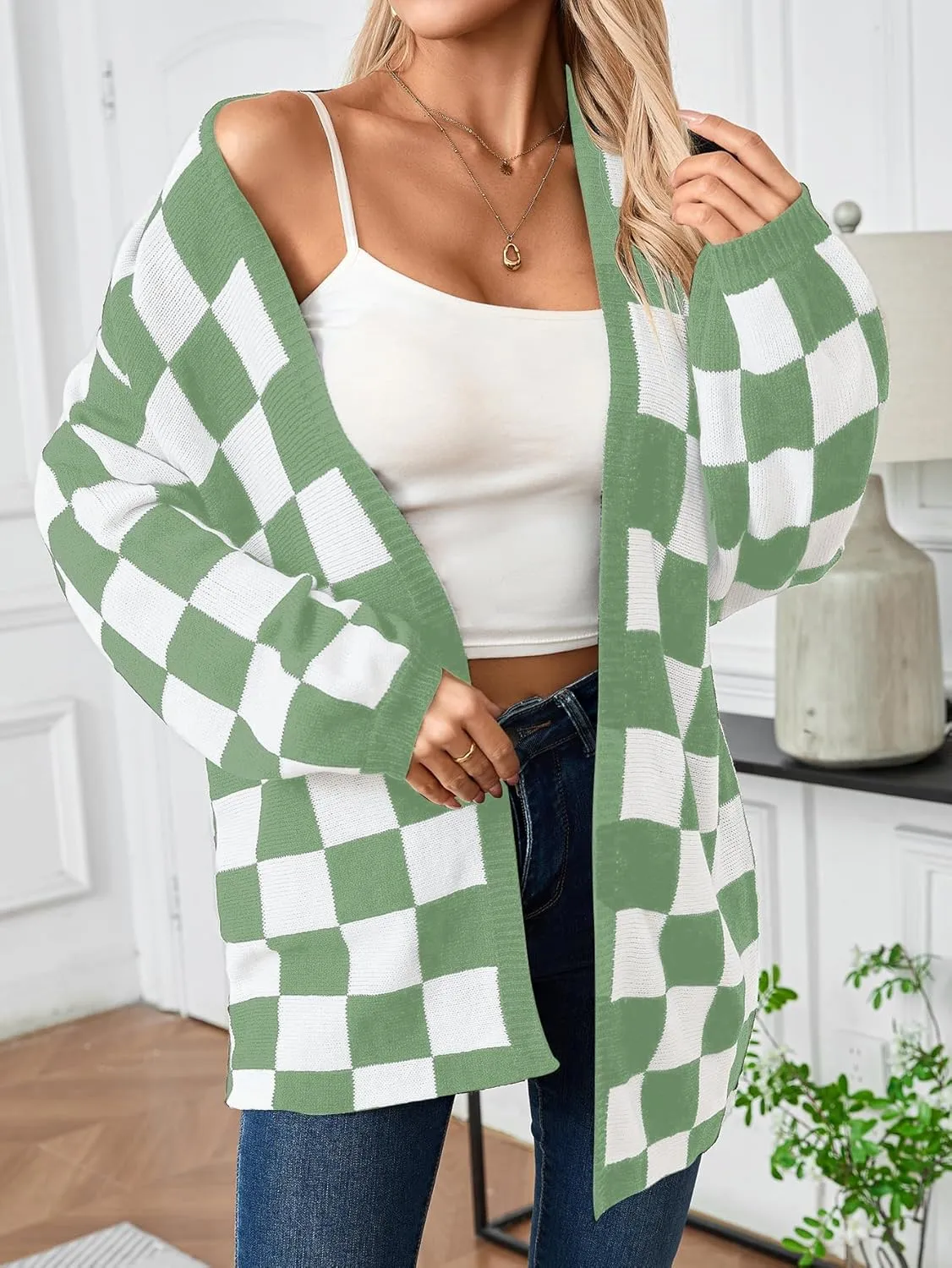 SOLY HUX Women's Long Sleeve Oversized Sweater Checkered Cardigan Open Front Outerwear Tops