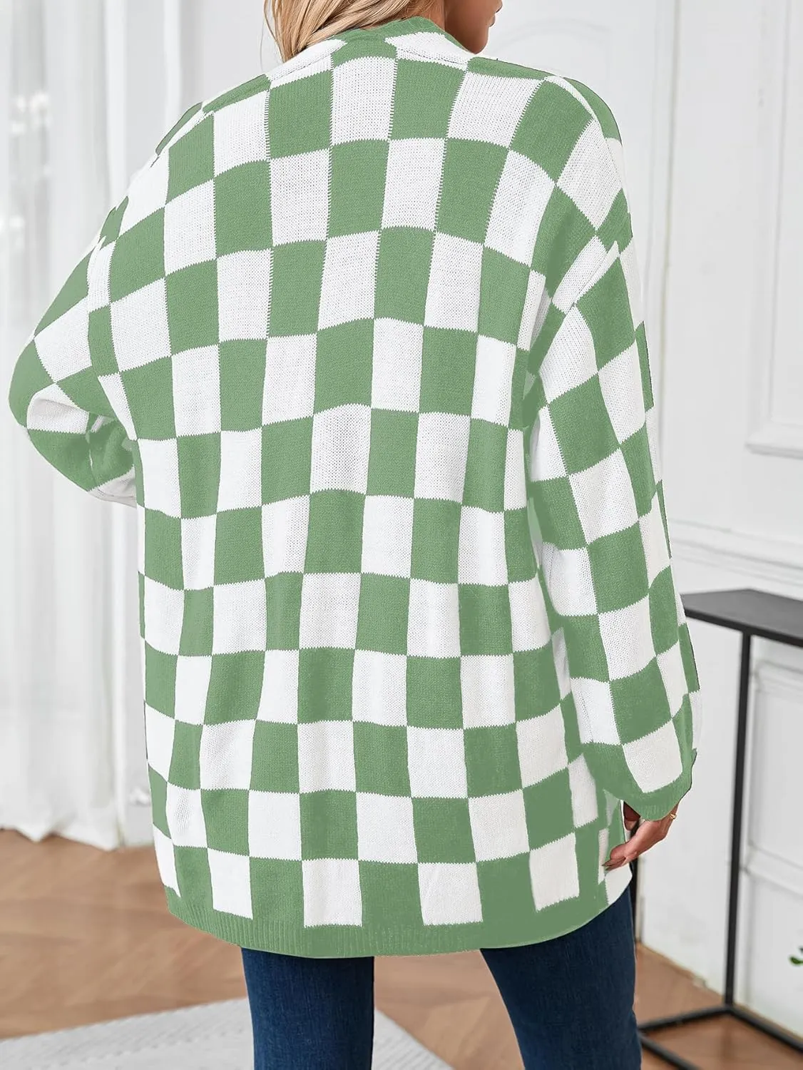 SOLY HUX Women's Long Sleeve Oversized Sweater Checkered Cardigan Open Front Outerwear Tops