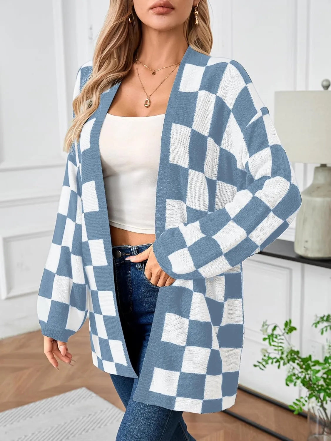 SOLY HUX Women's Long Sleeve Oversized Sweater Checkered Cardigan Open Front Outerwear Tops