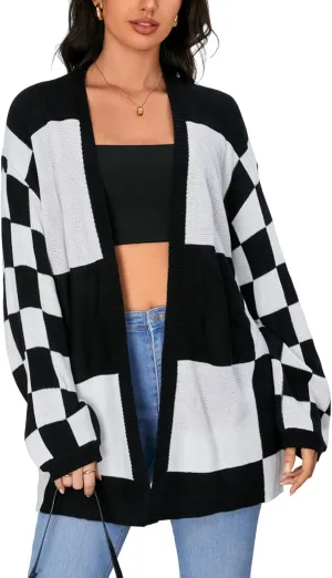 SOLY HUX Women's Long Sleeve Oversized Sweater Checkered Cardigan Open Front Outerwear Tops