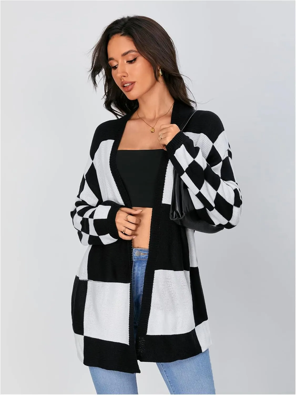SOLY HUX Women's Long Sleeve Oversized Sweater Checkered Cardigan Open Front Outerwear Tops