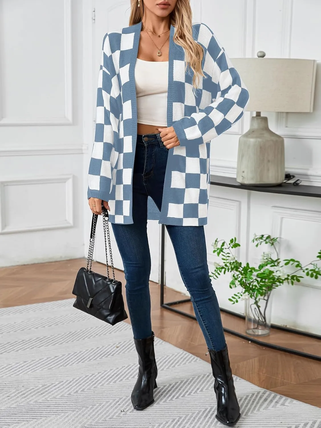 SOLY HUX Women's Long Sleeve Oversized Sweater Checkered Cardigan Open Front Outerwear Tops