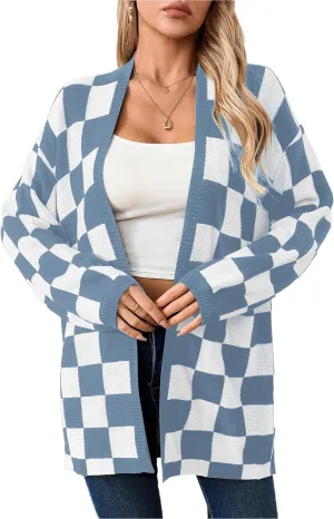 SOLY HUX Women's Long Sleeve Oversized Sweater Checkered Cardigan Open Front Outerwear Tops