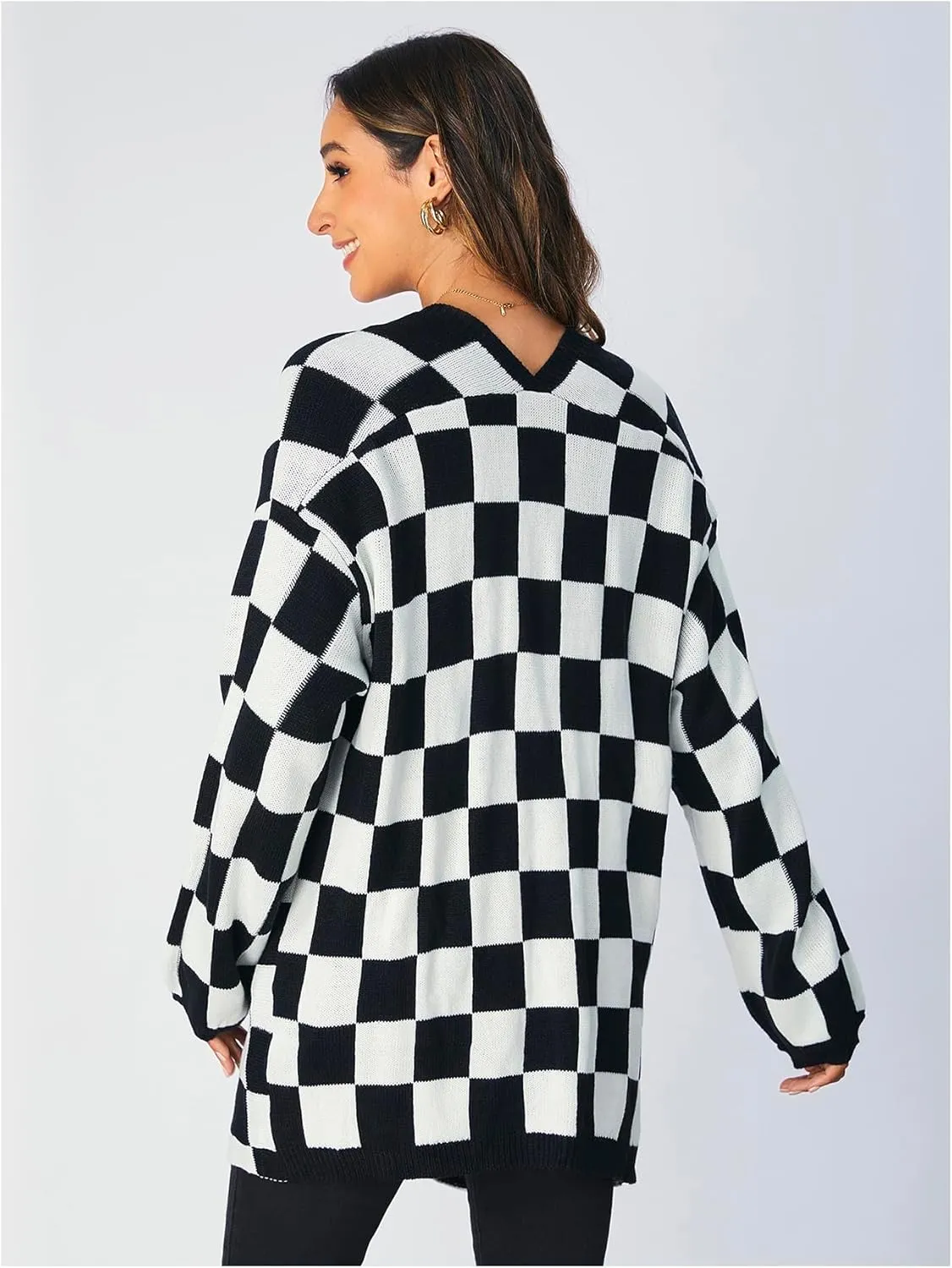 SOLY HUX Women's Long Sleeve Oversized Sweater Checkered Cardigan Open Front Outerwear Tops