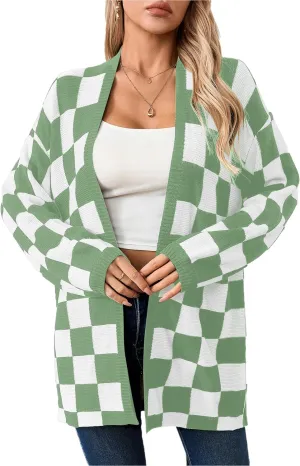 SOLY HUX Women's Long Sleeve Oversized Sweater Checkered Cardigan Open Front Outerwear Tops