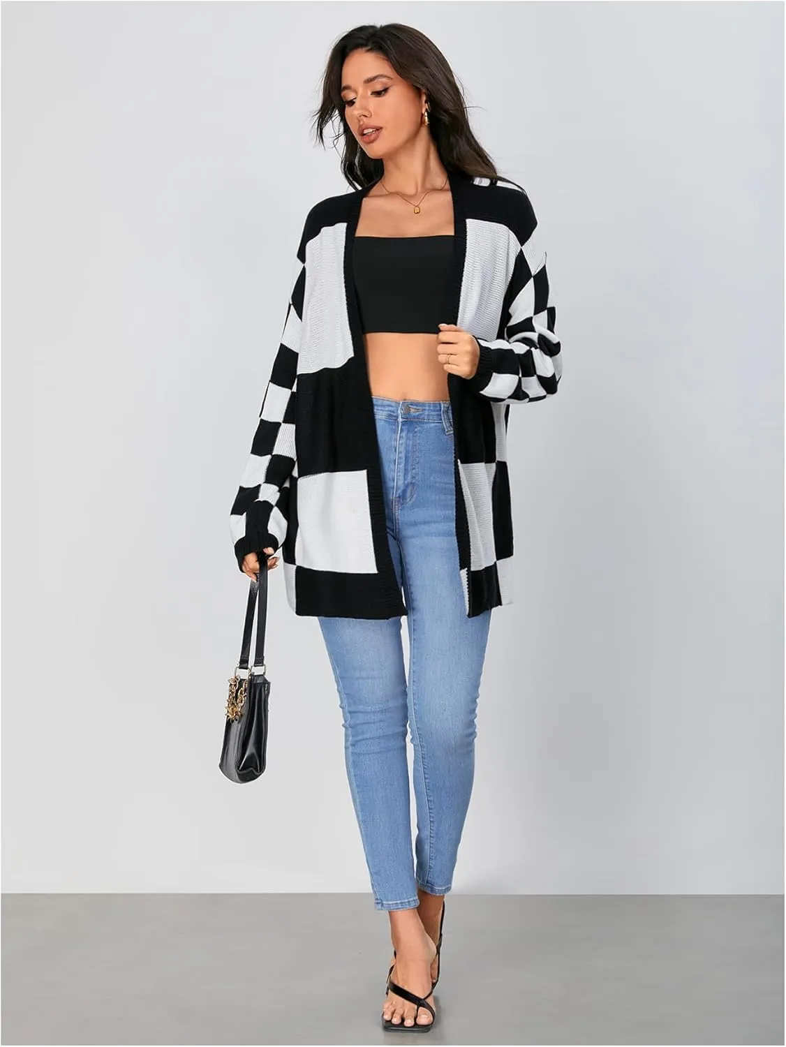 SOLY HUX Women's Long Sleeve Oversized Sweater Checkered Cardigan Open Front Outerwear Tops