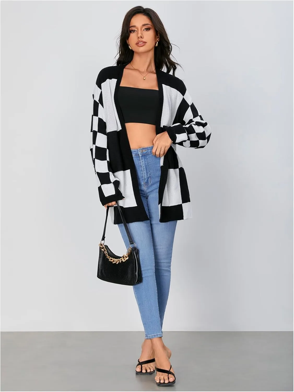 SOLY HUX Women's Long Sleeve Oversized Sweater Checkered Cardigan Open Front Outerwear Tops