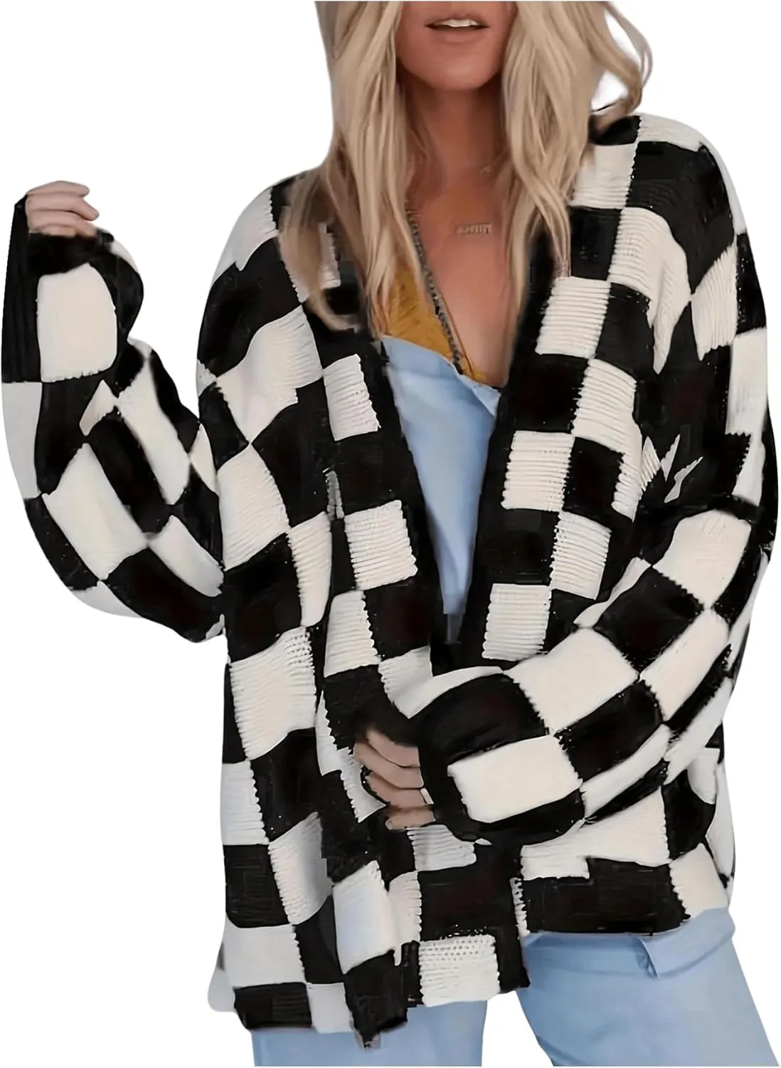 SOLY HUX Women's Plus Size Plaid Cardigan Sweaters Checkered Long Sleeve Open Front Knit Cardigans
