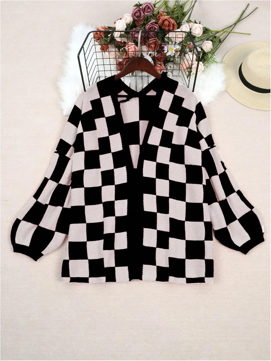 SOLY HUX Women's Plus Size Plaid Cardigan Sweaters Checkered Long Sleeve Open Front Knit Cardigans