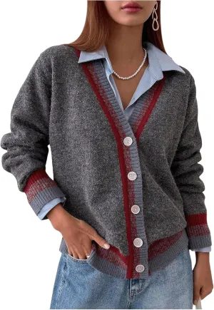 SOLY HUX Women's Striped Cardigan Sweaters Button Down V Neck Long Sleeve Fuzzy Knit Cardigans