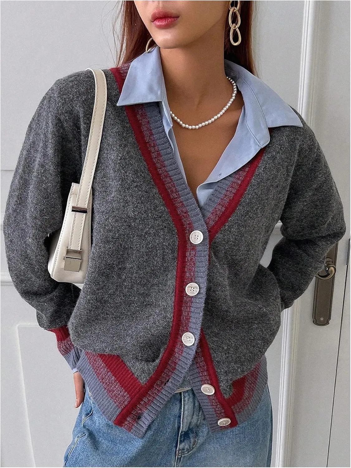 SOLY HUX Women's Striped Cardigan Sweaters Button Down V Neck Long Sleeve Fuzzy Knit Cardigans