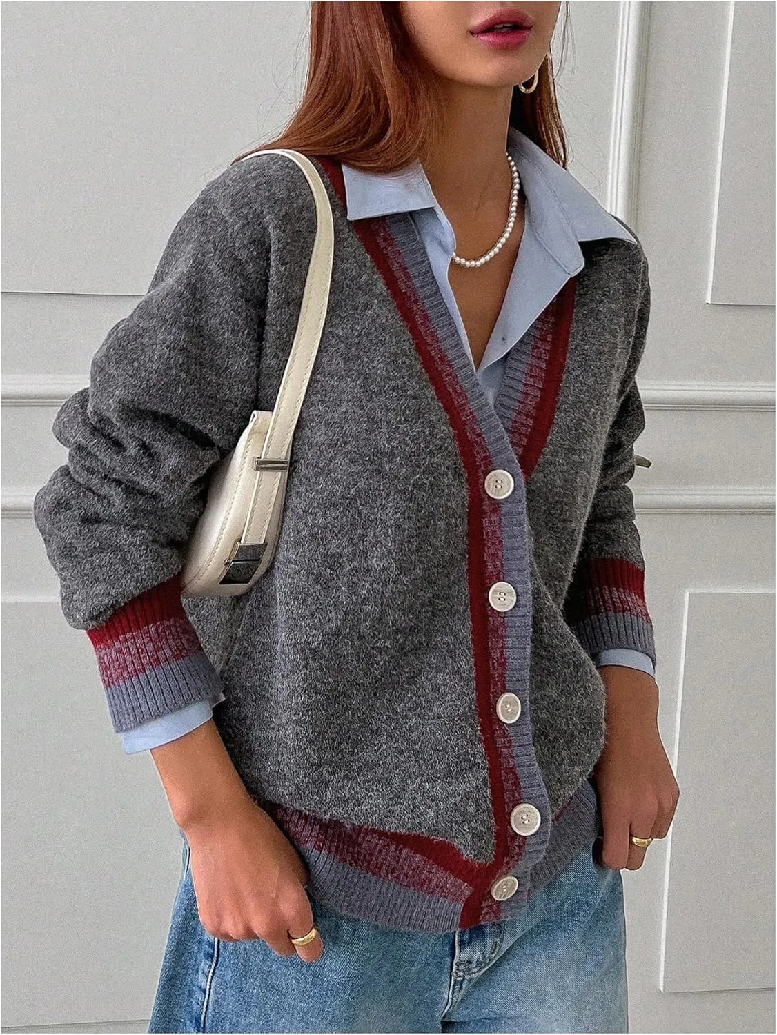 SOLY HUX Women's Striped Cardigan Sweaters Button Down V Neck Long Sleeve Fuzzy Knit Cardigans