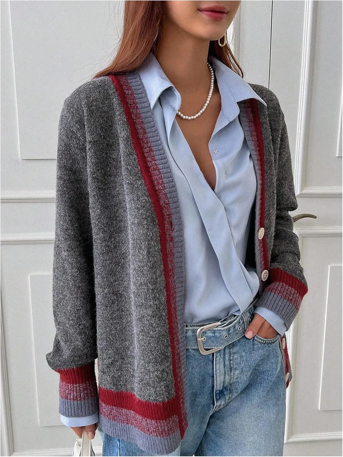 SOLY HUX Women's Striped Cardigan Sweaters Button Down V Neck Long Sleeve Fuzzy Knit Cardigans