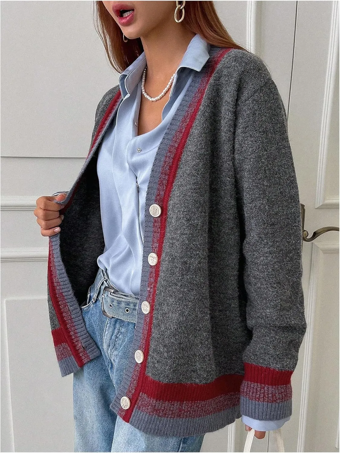 SOLY HUX Women's Striped Cardigan Sweaters Button Down V Neck Long Sleeve Fuzzy Knit Cardigans