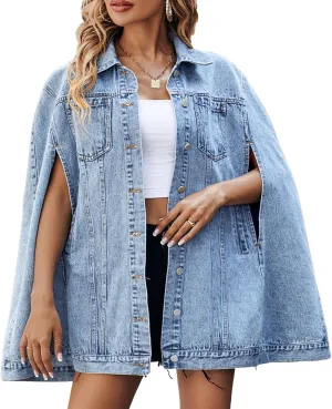 SOMTHRON Womens Oversized Denim Jackets Sleeveless Button Down Spring Cape Cloak Coat Jean Jacket with Pocket