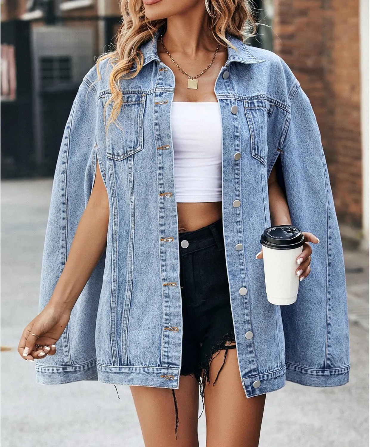 SOMTHRON Womens Oversized Denim Jackets Sleeveless Button Down Spring Cape Cloak Coat Jean Jacket with Pocket