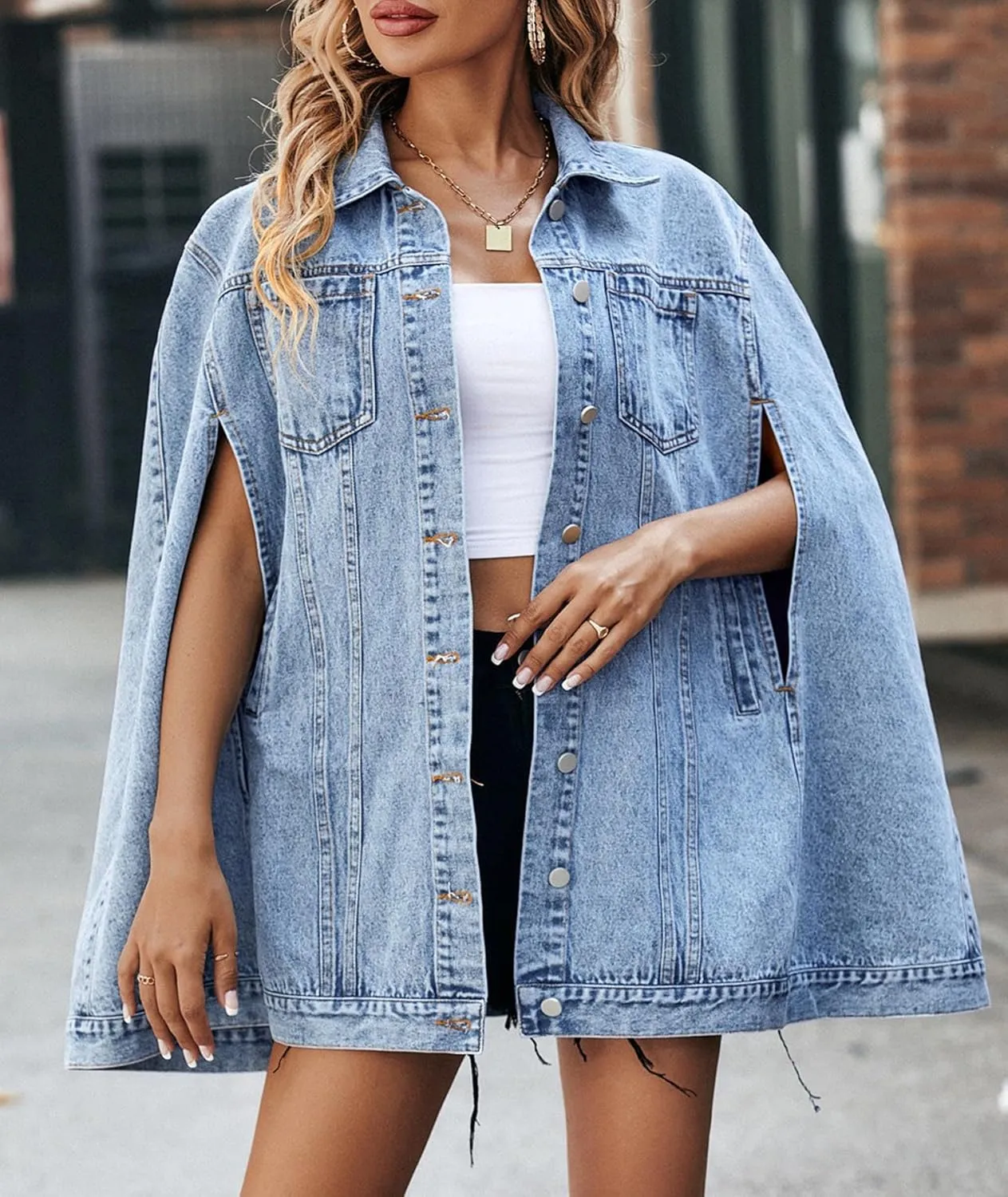 SOMTHRON Womens Oversized Denim Jackets Sleeveless Button Down Spring Cape Cloak Coat Jean Jacket with Pocket
