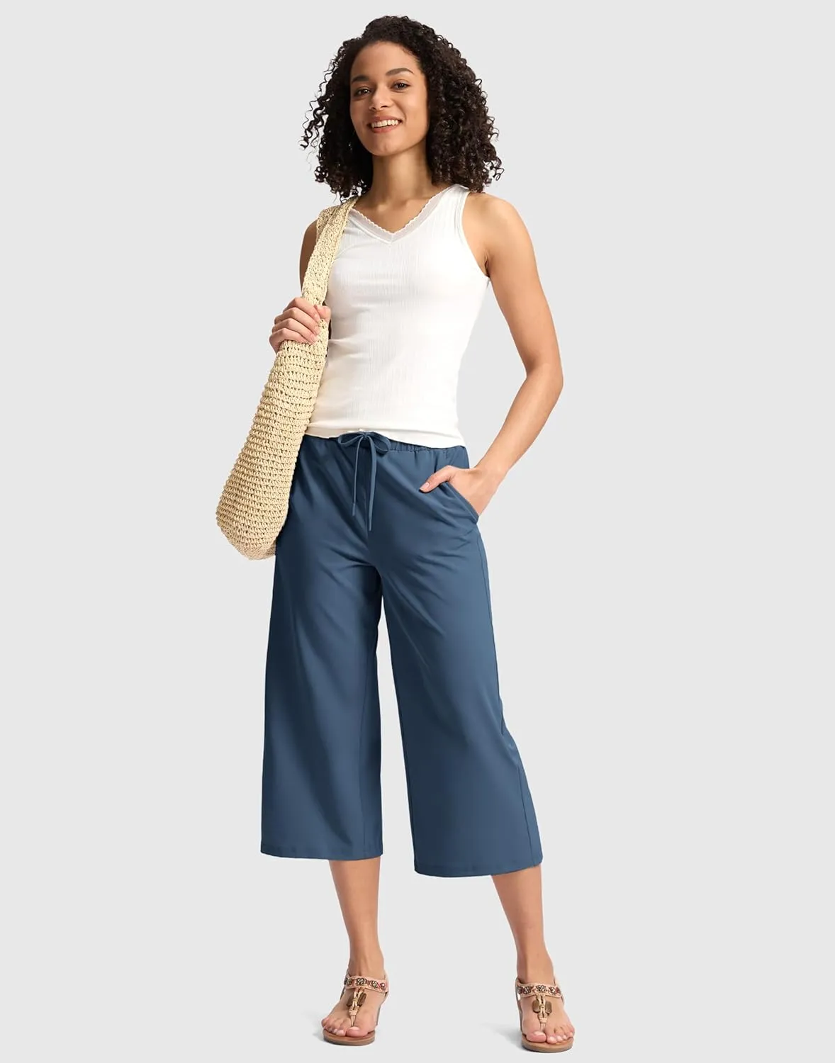 Soothfeel Women's Capri Pants Loose High Waisted Wide Leg Lightweight Travel Hiking Pants for Women Casual Summer with Pocket