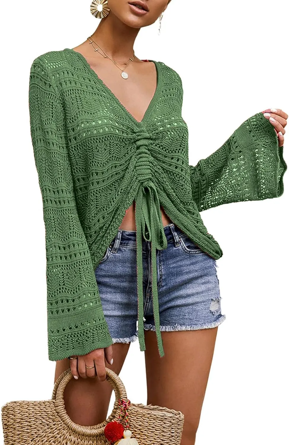 Spicy Sandia Women's Crochet Tops Tie Front Summer Sweater Bell Sleeve Boho Tops Beach Vacation Outfit Swimsuit Cover Up