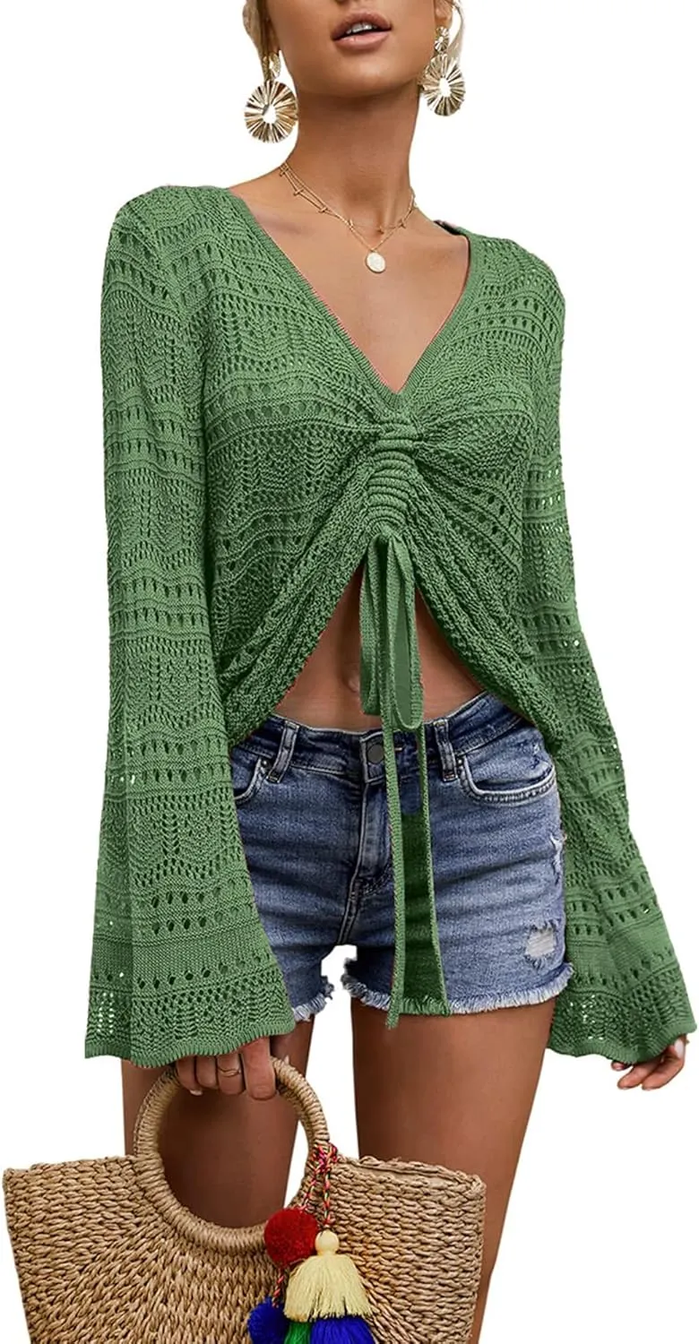 Spicy Sandia Women's Crochet Tops Tie Front Summer Sweater Bell Sleeve Boho Tops Beach Vacation Outfit Swimsuit Cover Up