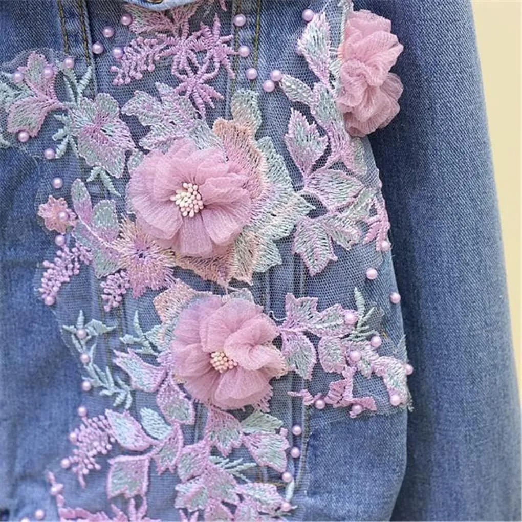 Spring Autumn Denim Jacket Women Embroidery Flowers Hole Cowboy Outerwear Casual Jean Coat