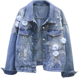 Spring Autumn Denim Jacket Women Embroidery Flowers Hole Cowboy Outerwear Casual Jean Coat