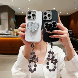 Stone Heart Shape Stand Silicone Soft Phone Case with Bracelet - iPhone 15 Pro Max