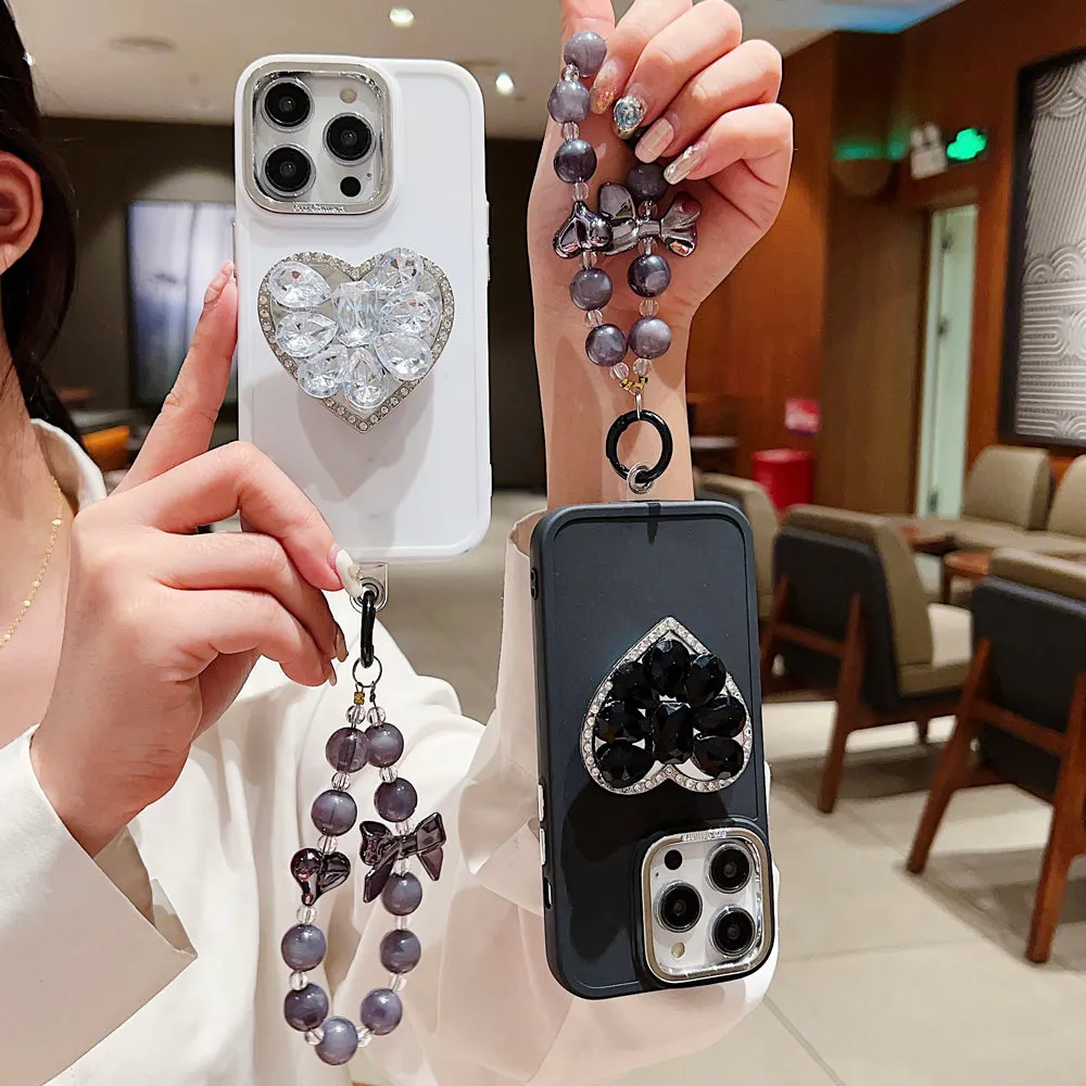 Stone Heart Shape Stand Silicone Soft Phone Case with Bracelet - iPhone 15 Pro Max