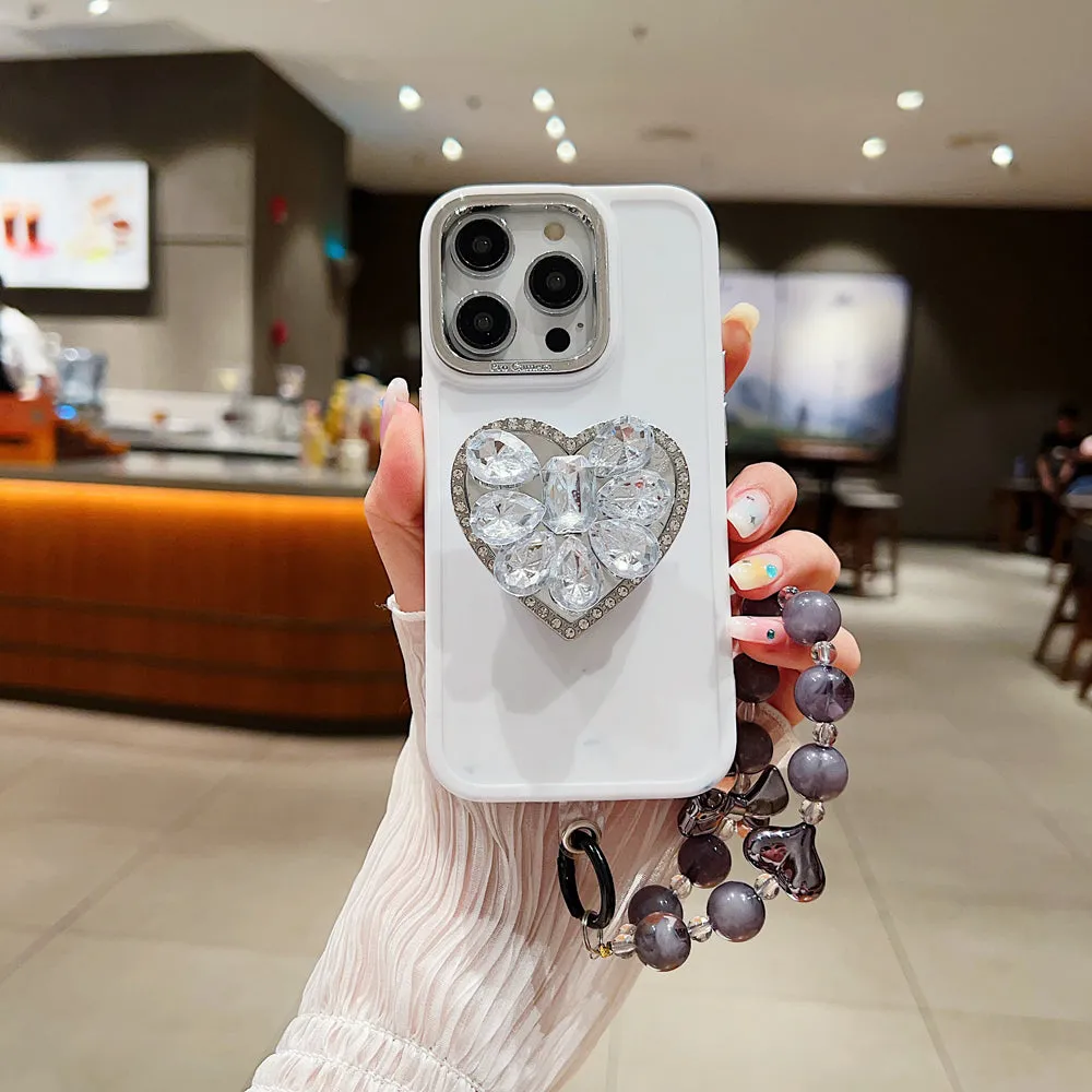 Stone Heart Shape Stand Silicone Soft Phone Case with Bracelet - iPhone 15 Pro Max