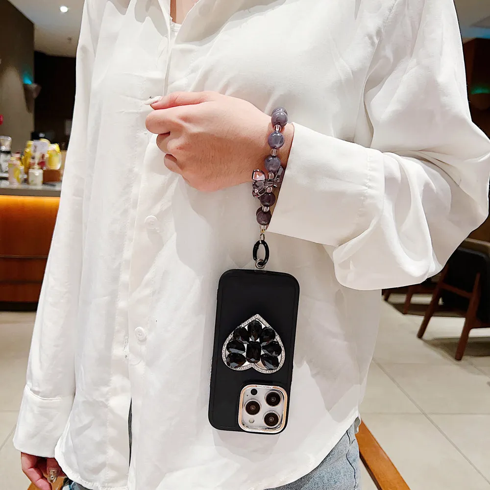 Stone Heart Shape Stand Silicone Soft Phone Case with Bracelet - iPhone 15 Pro Max