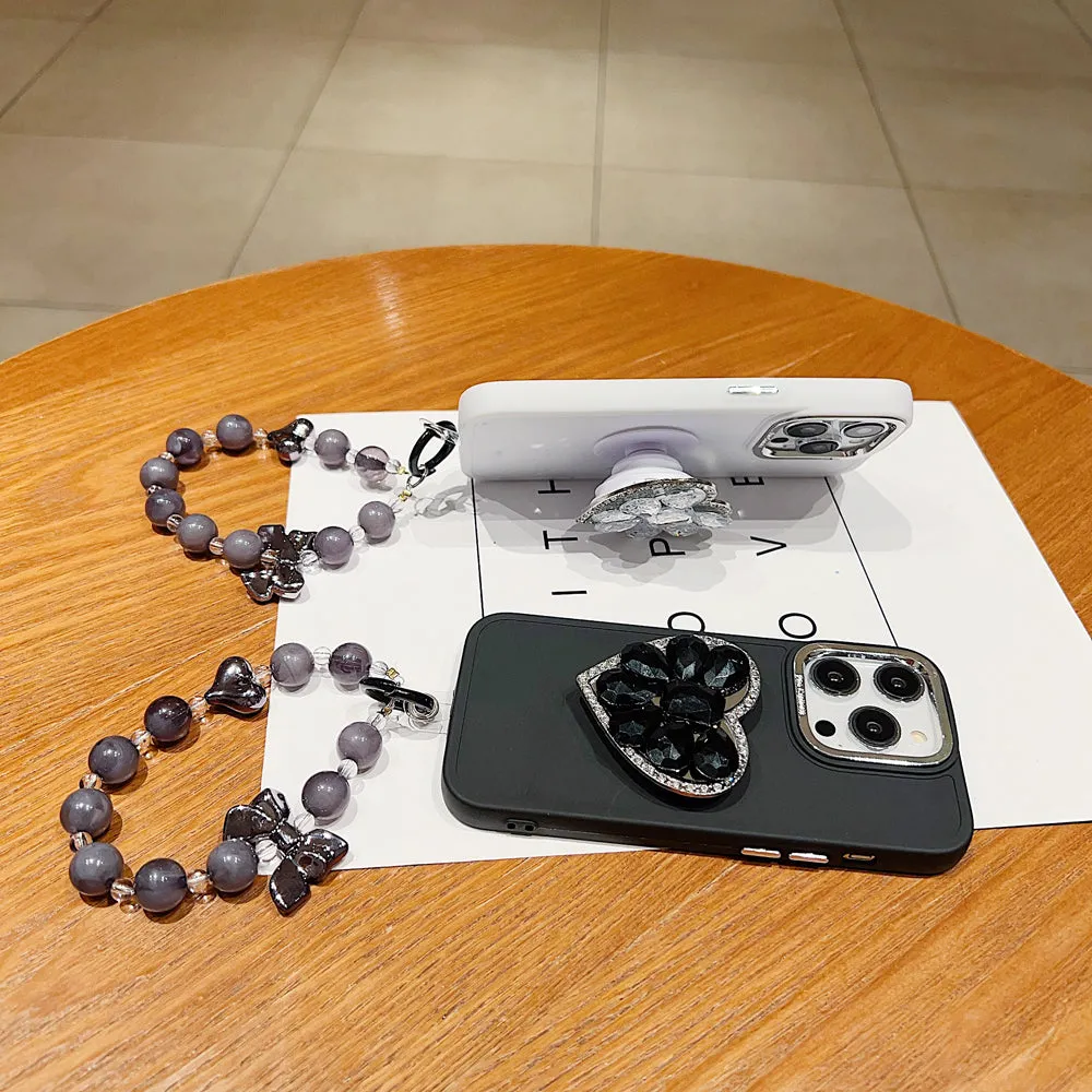 Stone Heart Shape Stand Silicone Soft Phone Case with Bracelet - iPhone 15 Pro Max