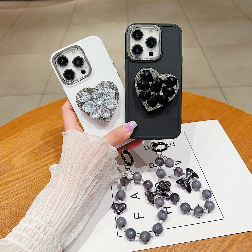 Stone Heart Shape Stand Silicone Soft Phone Case with Bracelet - iPhone 15 Pro Max