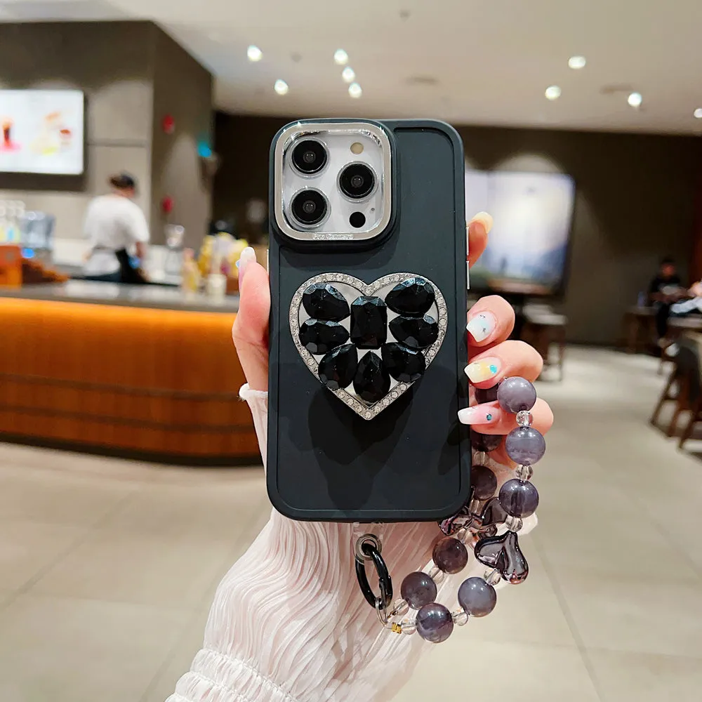 Stone Heart Shape Stand Silicone Soft Phone Case with Bracelet - iPhone 15 Pro Max