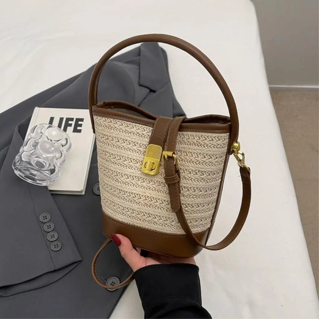 Straw Bag Beach Leisure Straw Handbag Shoulder Bag Retro Bucket Bag Versatile Crossbody Bag Straw Beach Bag