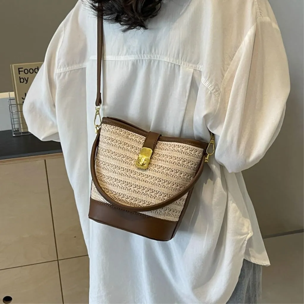 Straw Bag Beach Leisure Straw Handbag Shoulder Bag Retro Bucket Bag Versatile Crossbody Bag Straw Beach Bag