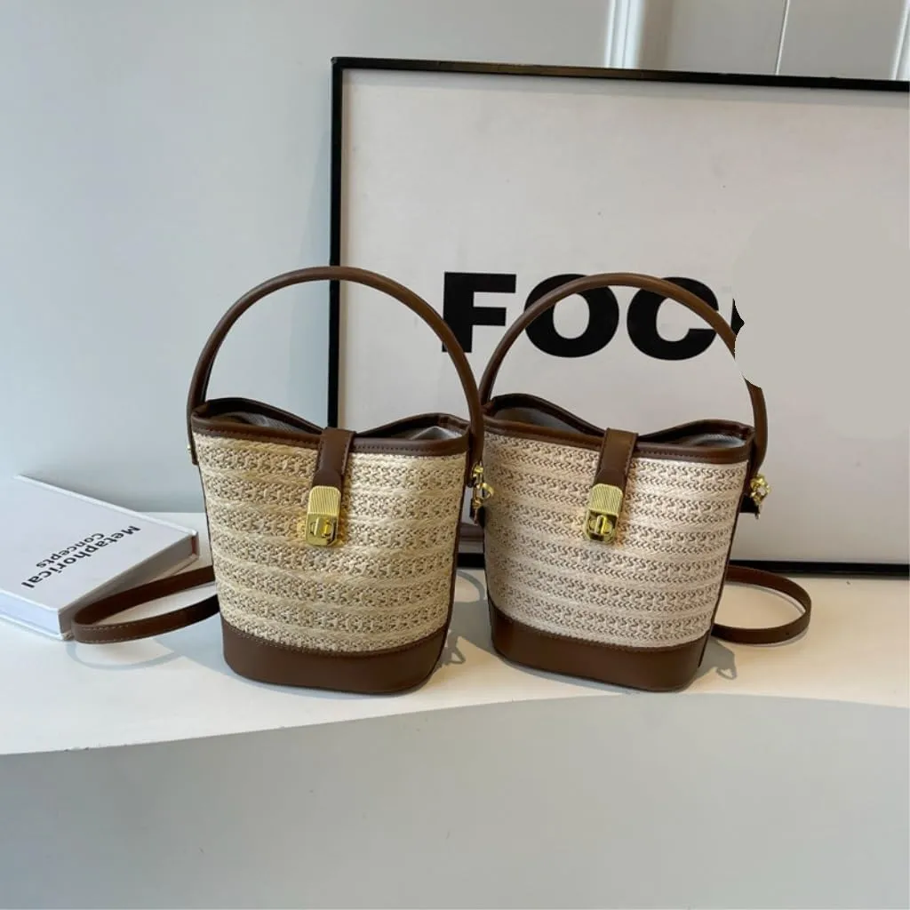 Straw Bag Beach Leisure Straw Handbag Shoulder Bag Retro Bucket Bag Versatile Crossbody Bag Straw Beach Bag